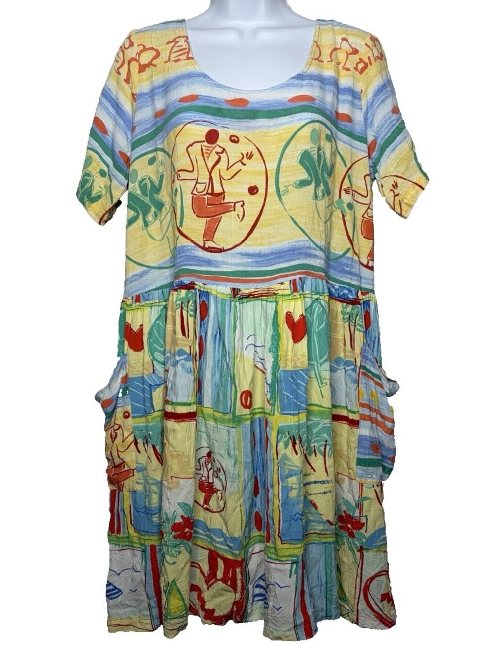 Vintage 90s Jams World Hattie Dress Sz L Multi Print Juggling Cats XO Patchwork